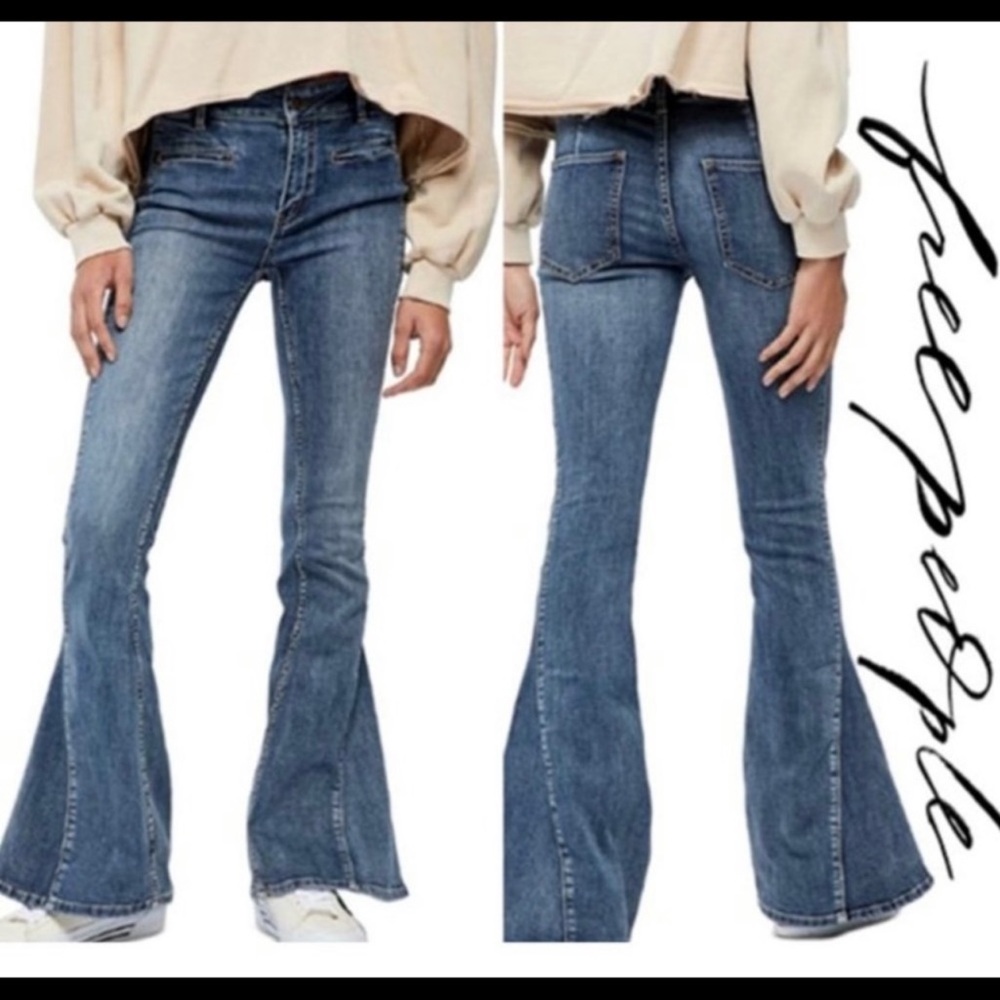 NWT FREE PEOPLE True Blue Dream Lover super flare jeans size 27/33!